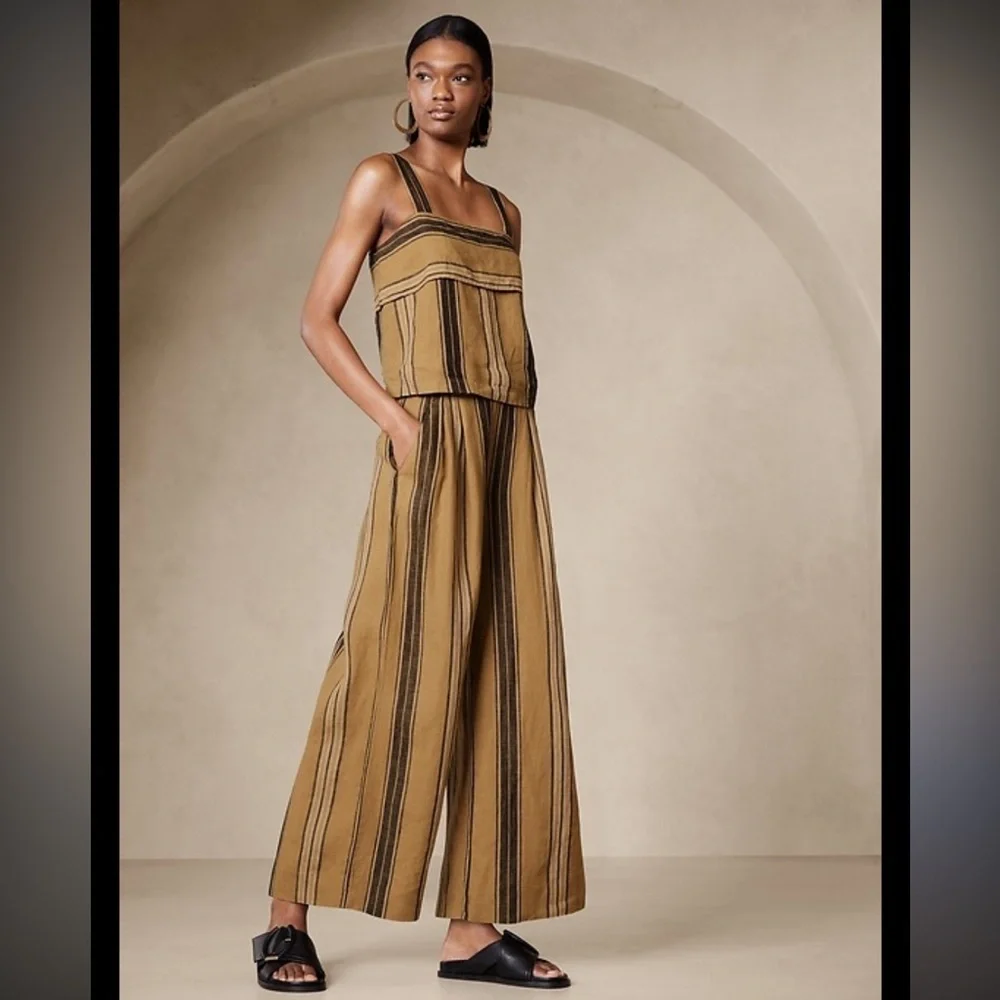 Banana Republic Linen Mia Wide Leg Flowy Pleated Brown Tan Striped Boho Pant 10
